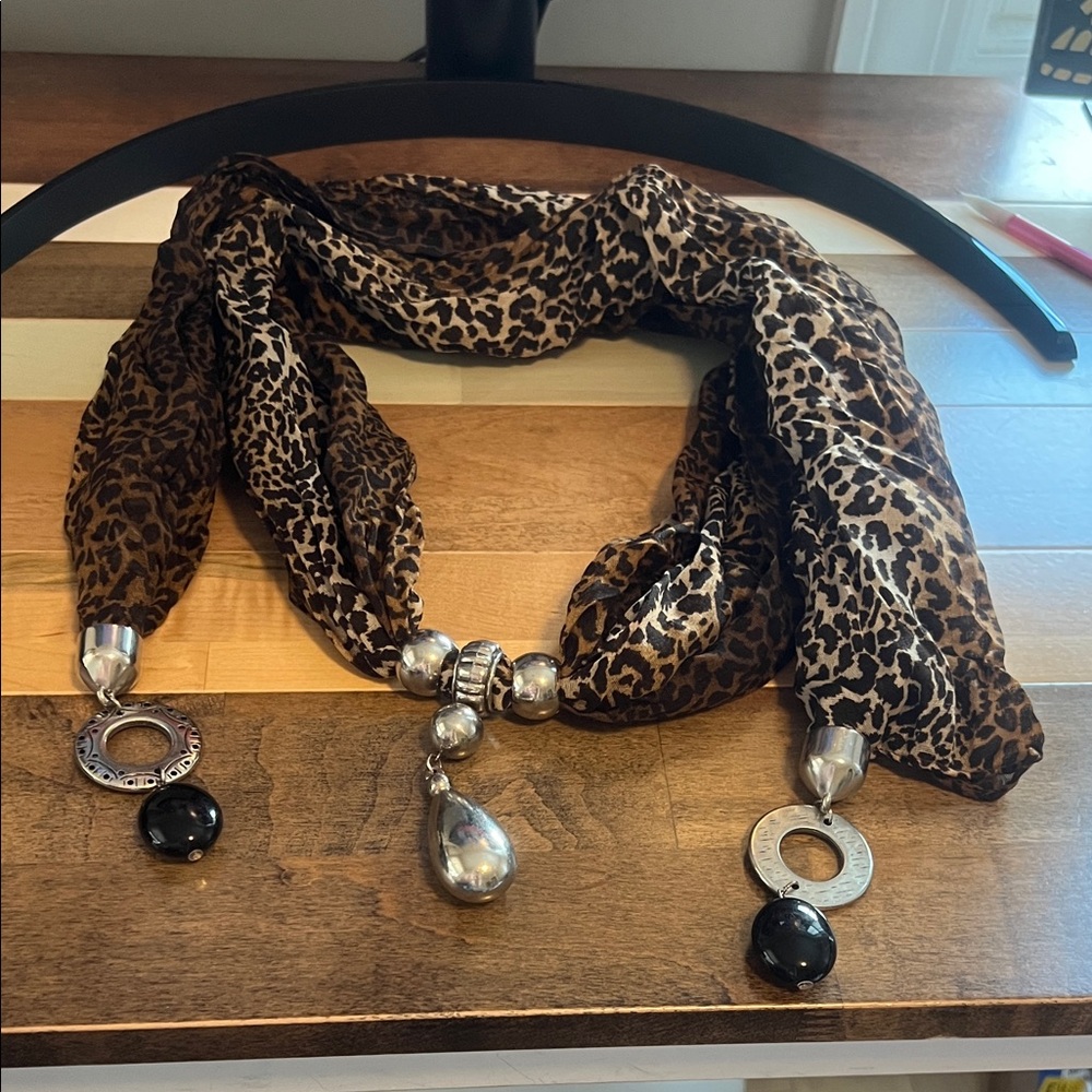 Leopard Print Jeweled Scarf with Silver Accents